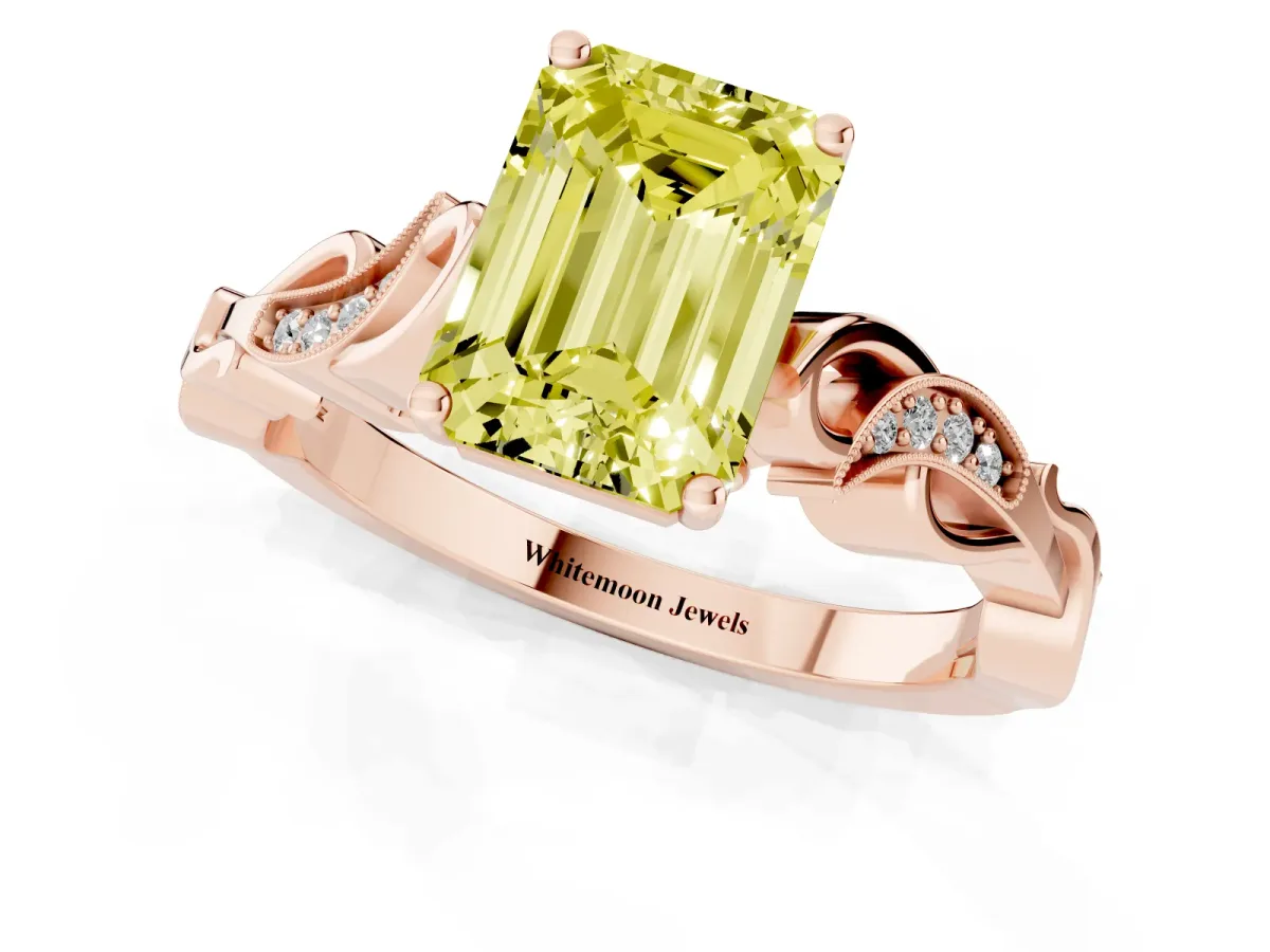 Fancy Yellow Emerald Cut Solitaire Vine Band with Milgrain Prong Setting Rose gold