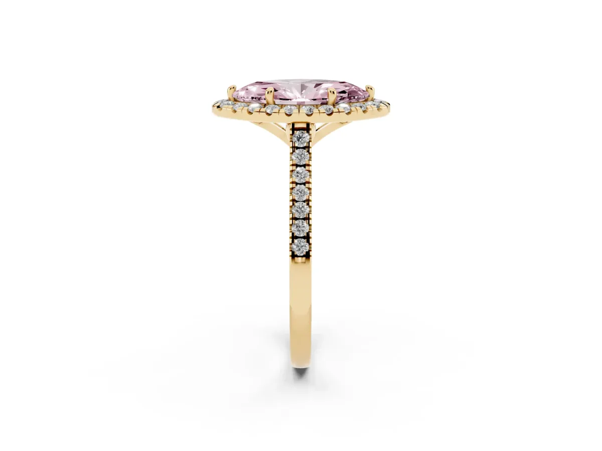 Fancy Pink Marquise Cut Diamond Cushion Halo Ring with Pavé Band Yellow gold