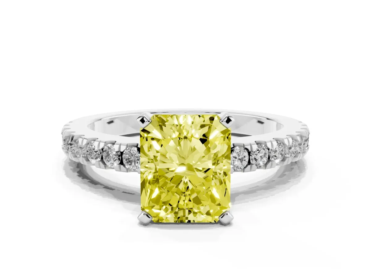 Fancy Yellow Radiant Cut Solitaire Diamond with Pavé Band and Four-Prong Setting White gold