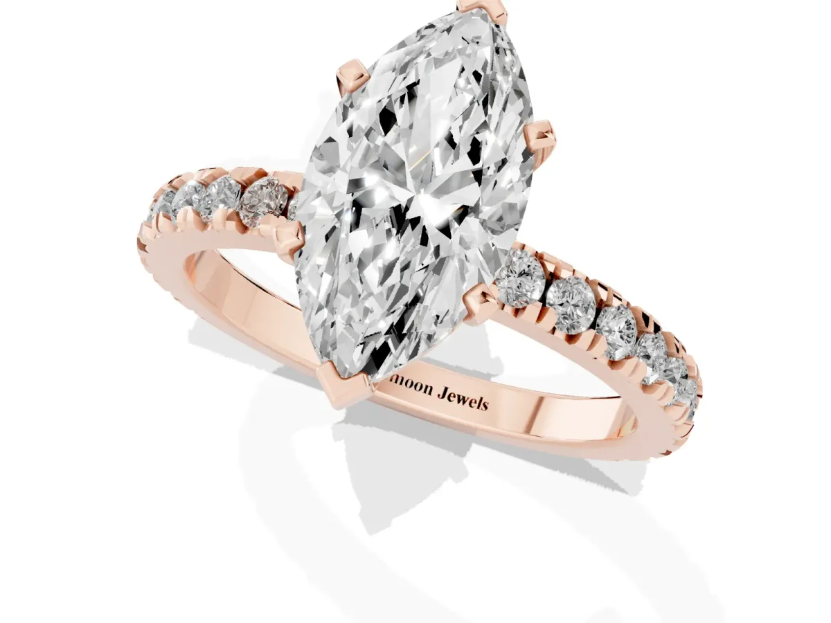 Marquise Cut Diamond Pavé Band Solitaire with Four-Prong Setting Rose gold