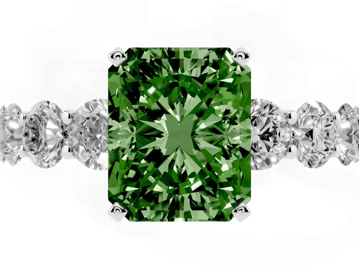 Fancy Green Radiant Cut Diamond Prong Setting with Side Stones on a Pave Band Platinum