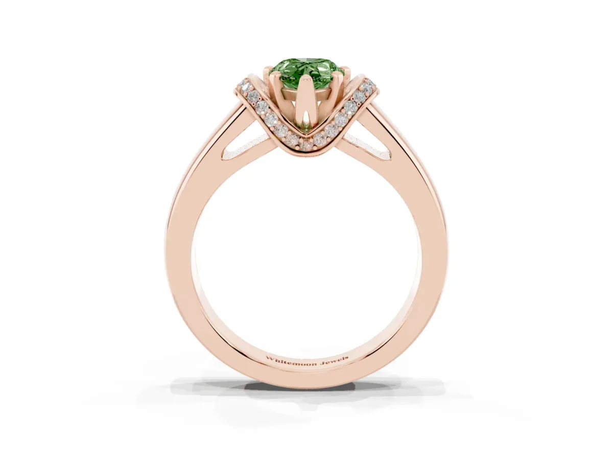 Fancy Green Pear Cut Solitaire Diamond Ring with Pave Band and Six-Prong Setting Rose gold