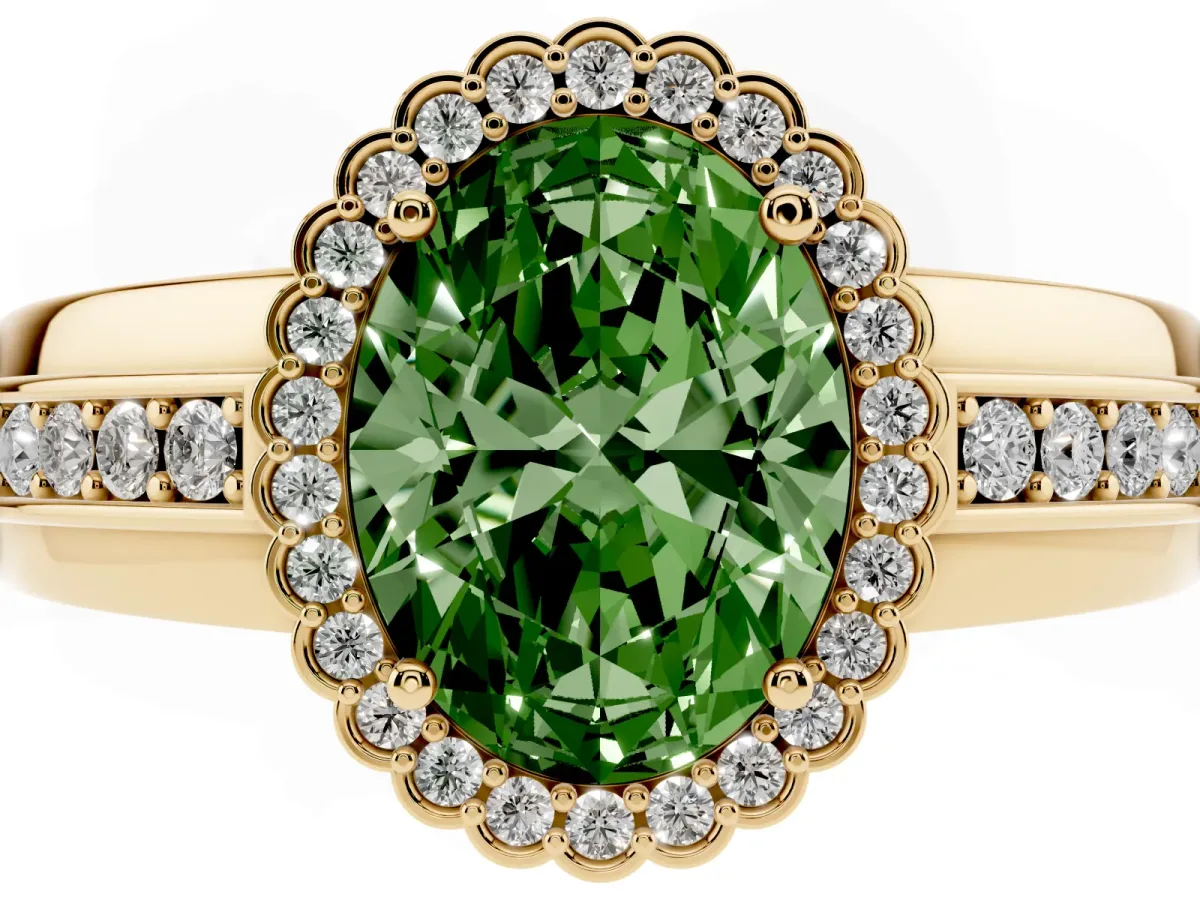 Fancy Green Oval Cut Cut Halo Pave Band Four-Prong Ring Yellow gold