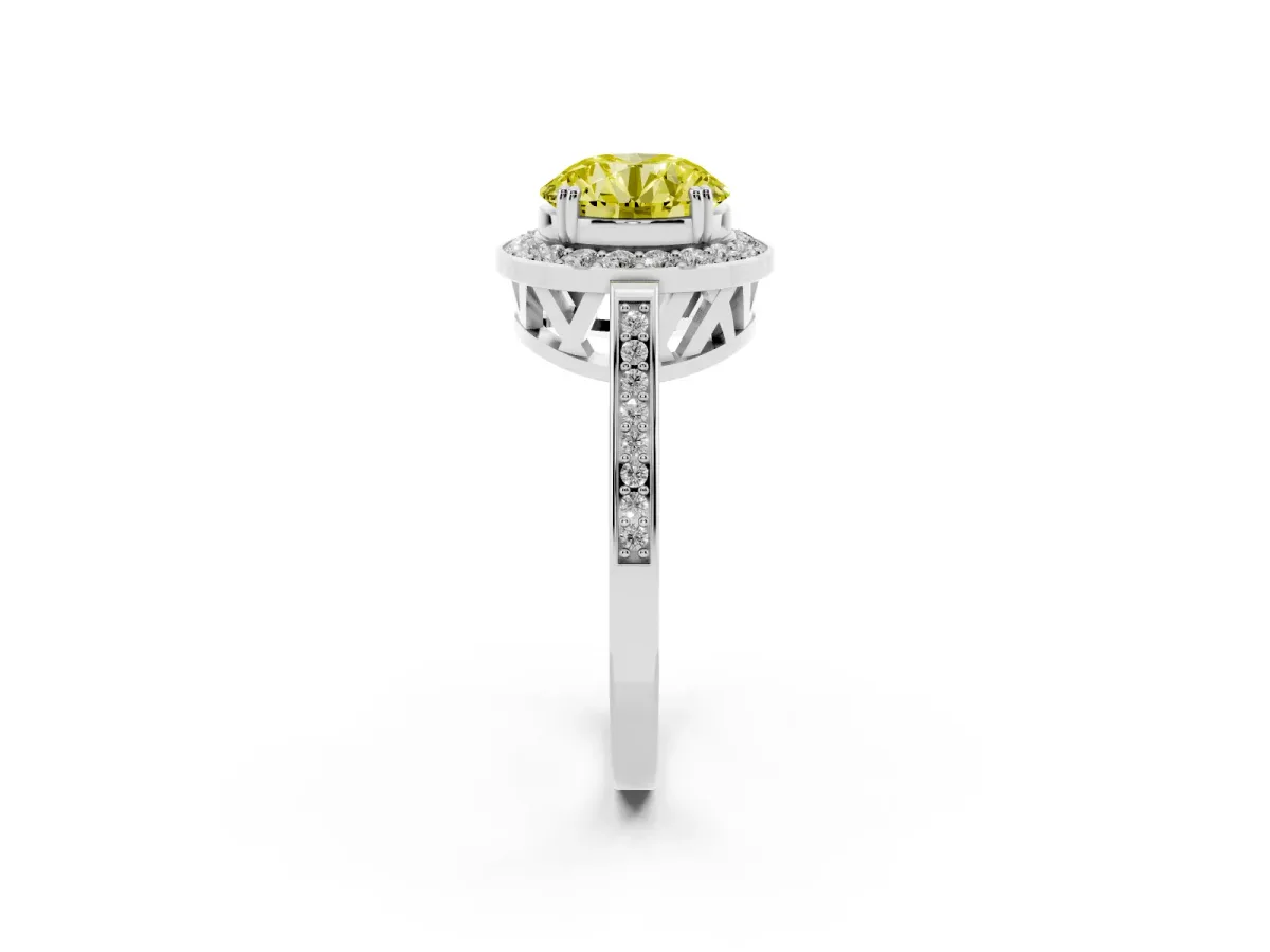 Fancy Yellow Round Cut Diamond Halo Ring with Split Shank and Four-Prong Setting Silver