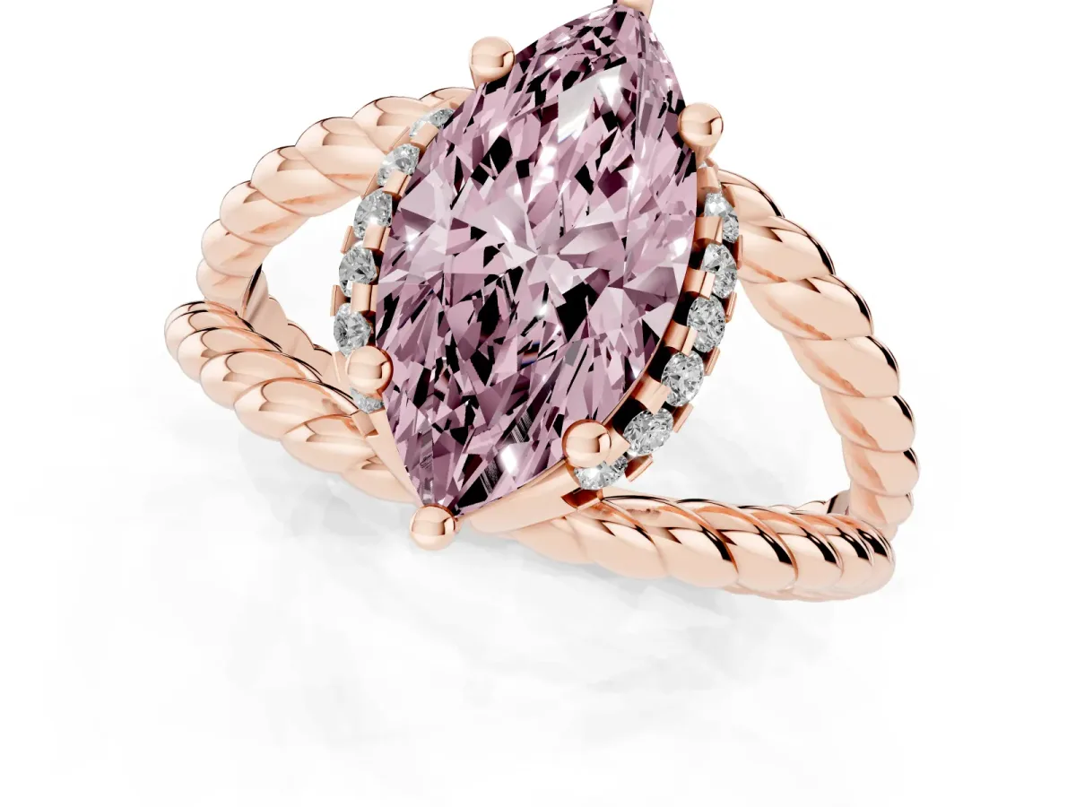 Fancy Pink Marquise Cut Halo Twisted Band Four-Prong Ring Rose gold