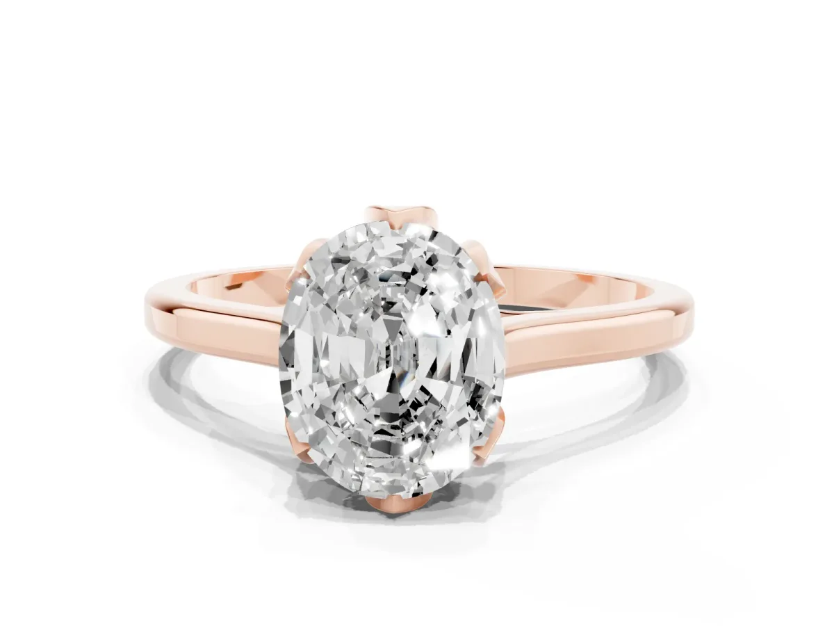 Oval Cut Diamond Solitaire Ring with Flower Prong Setting and Classic Band Rose gold