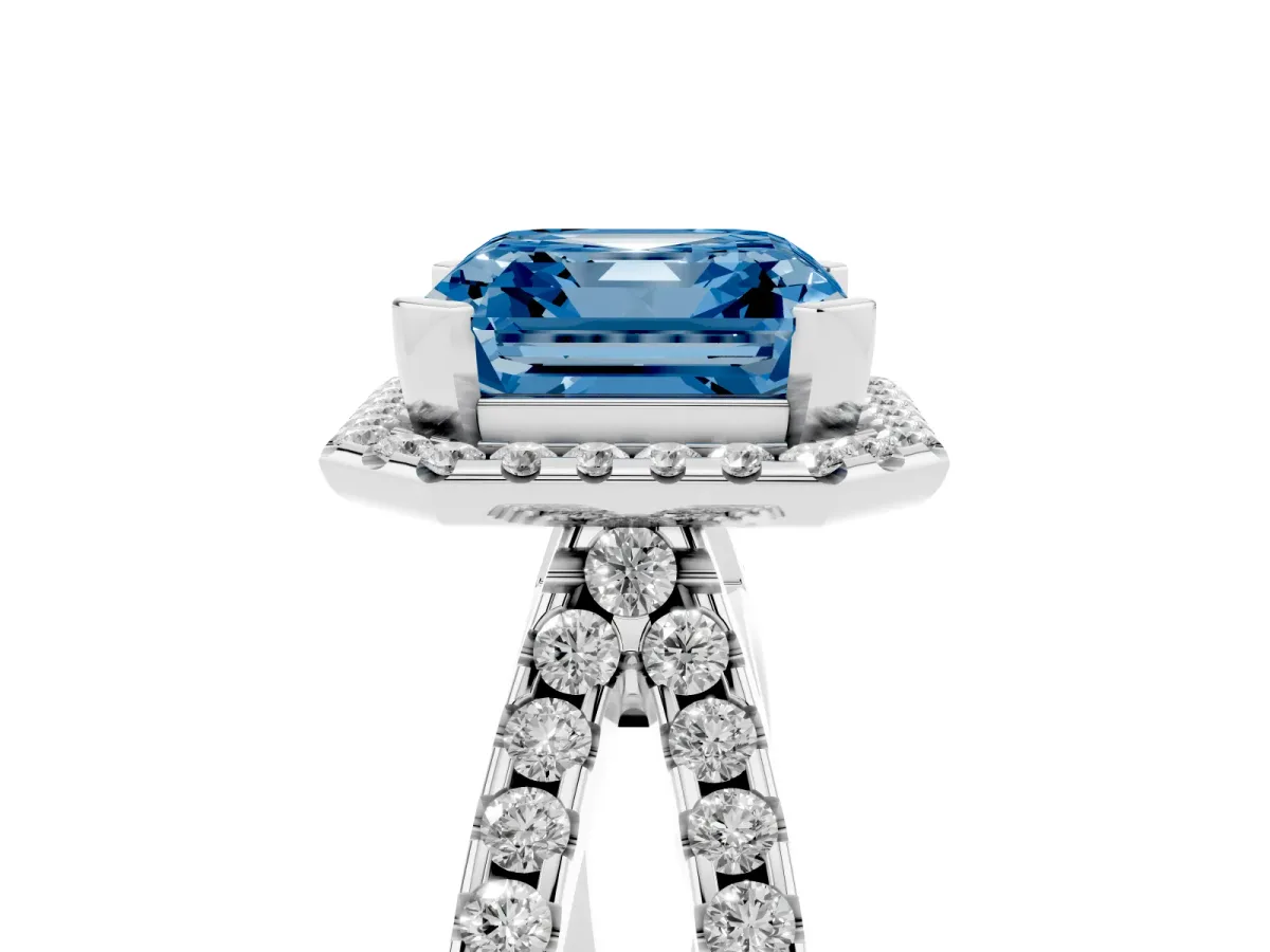 Fancy Blue Asscher Cut Diamond Halo Ring with Split Shank Pavé Band and Prong Setting Silver