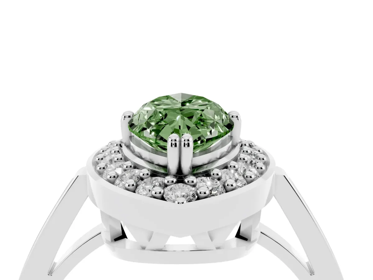 Fancy Green Marquise Cut Diamond Halo Ring with Split Shank and Four-Prong Setting Silver