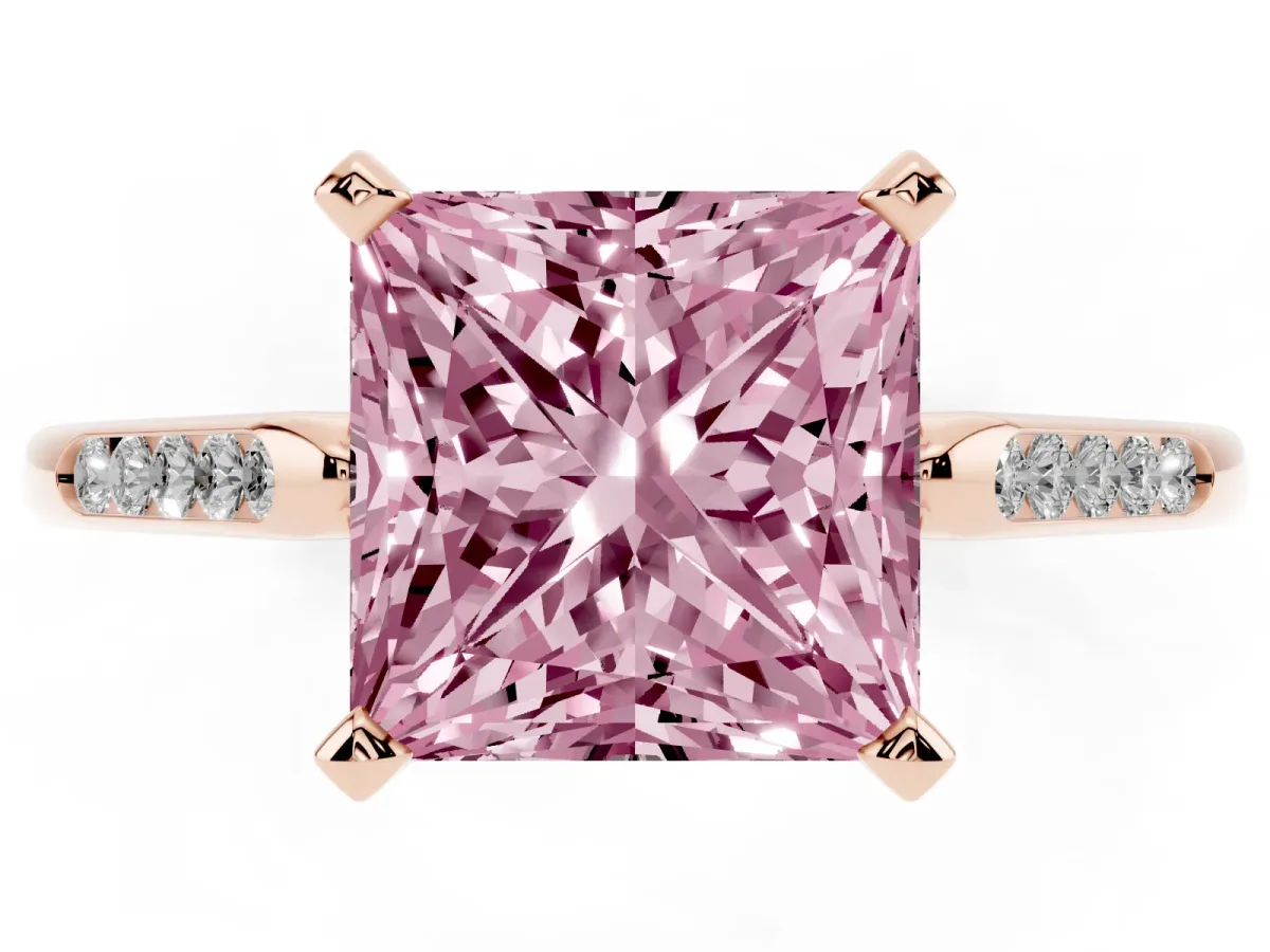 Fancy Pink Princess Cut Diamond Solitaire Ring with Channel Set Round Band and Prong Setting Rose gold