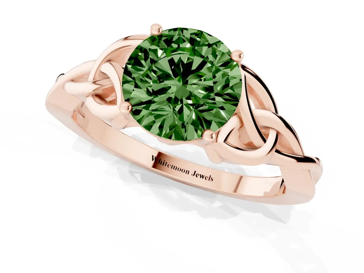 Fancy Green Round Cut Diamond Solitaire Engagement Ring with Celtic Knot Band and Four-Prong Setting Rose gold