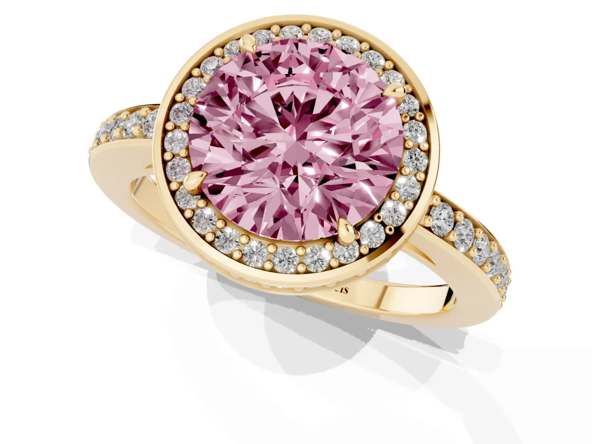 Fancy Pink Round Cut Halo Pave Band Solitaire Ring with Prong Setting Yellow gold