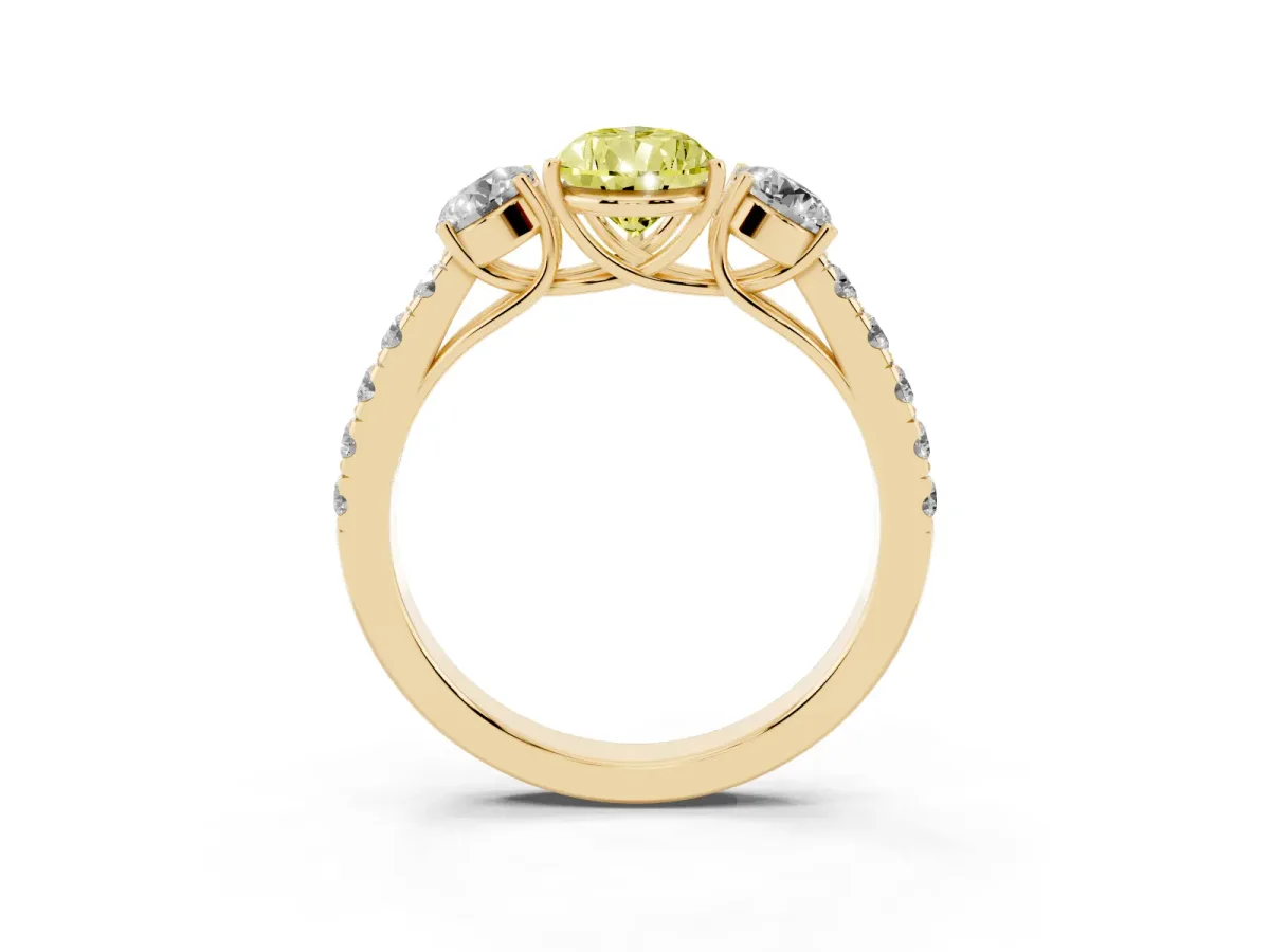 Fancy Yellow Pear Cut Cut Diamond Three-Stone Ring with Round Side Stones and Pavé Band Yellow gold