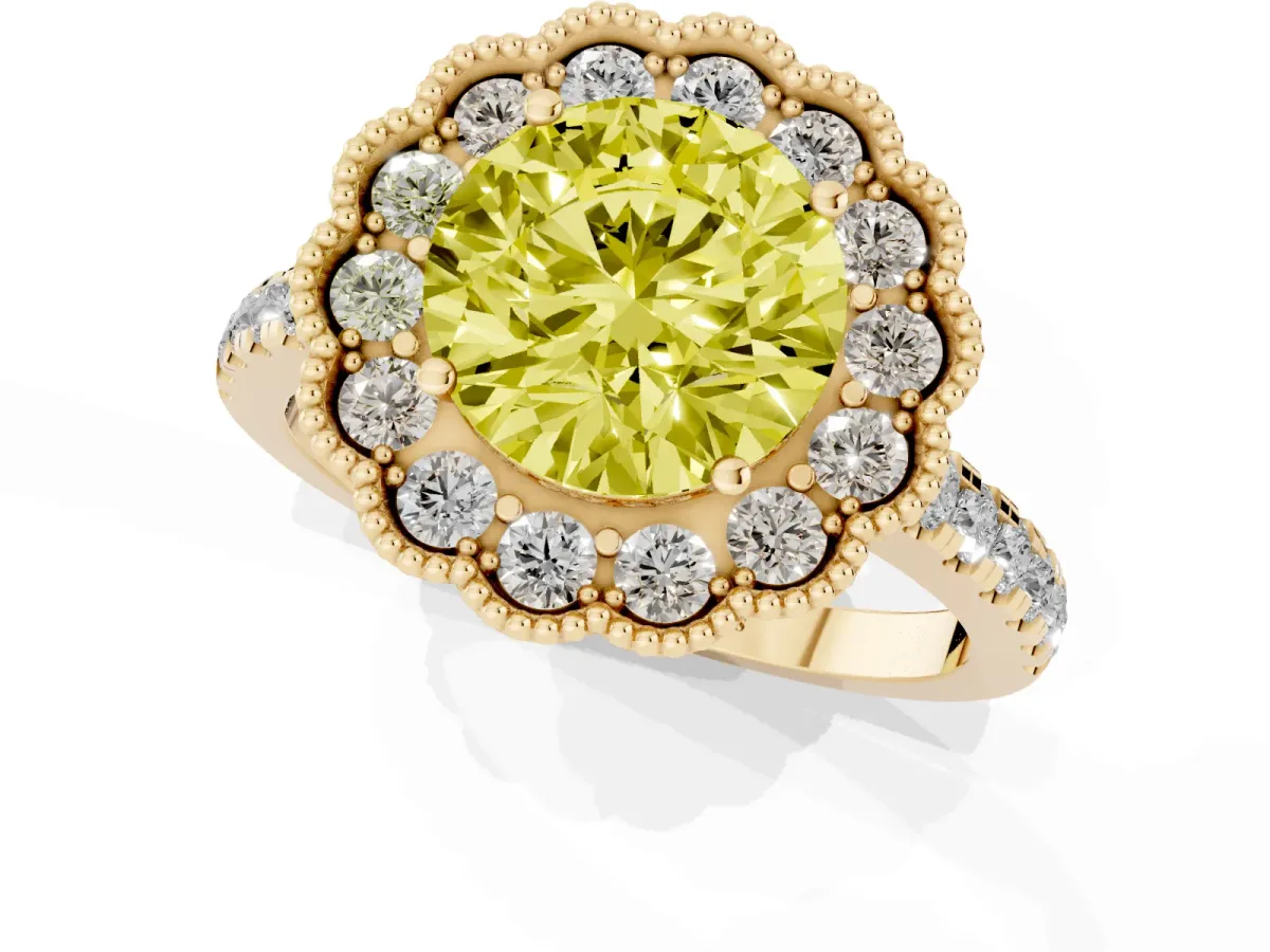 Fancy Yellow Round Cut Cut Diamond Milgrain Floral Halo Engagement Ring with Pavé Band Yellow gold