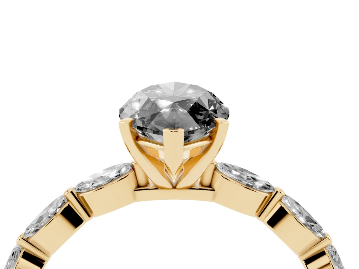 Fancy Black Marquise Cut Diamond Ring with Marquise Side Stones and Prong Setting Yellow gold