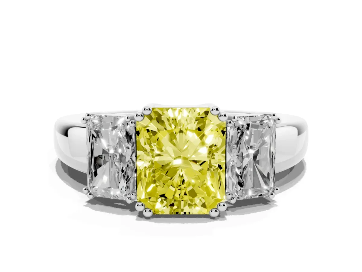 Fancy Yellow Three-Stone Radiant Cut Cut Diamond Ring with Channel Set Band and Four-Prong Setting Platinum