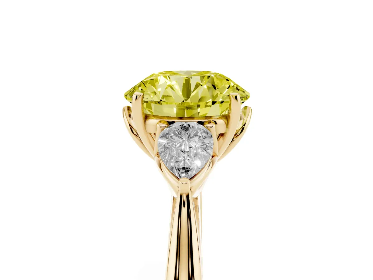 Fancy Yellow Three-Stone Round Cut Brilliant Diamond Solitaire Ring with Tapered Band and Four-Prong Setting Yellow gold
