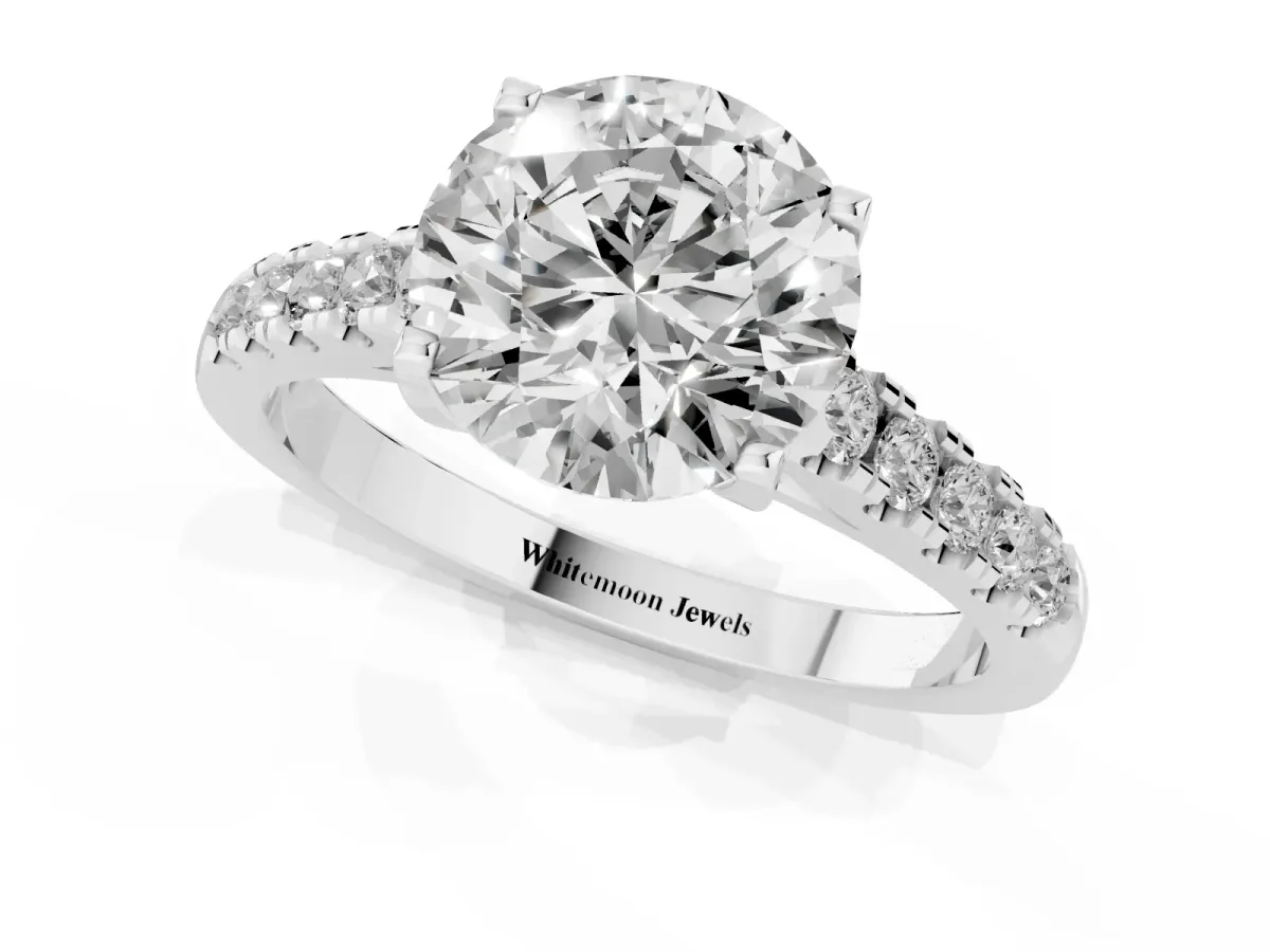 Round Cut Diamond Pavé Band Solitaire Ring with Prong Setting Silver