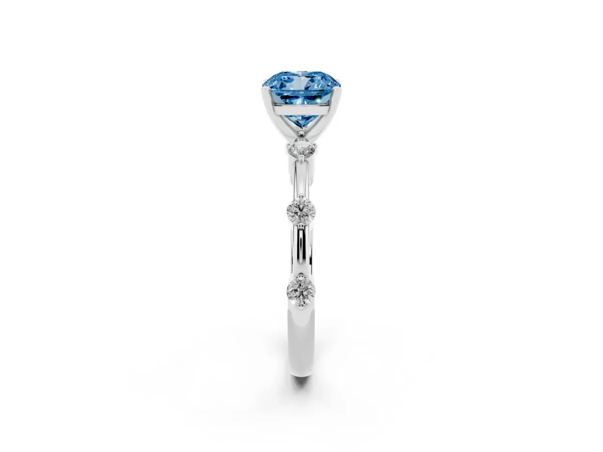 Fancy Blue Cushion Cut Solitaire Diamond Ring with Bezel Set Side Stones and Prong Setting Platinum
