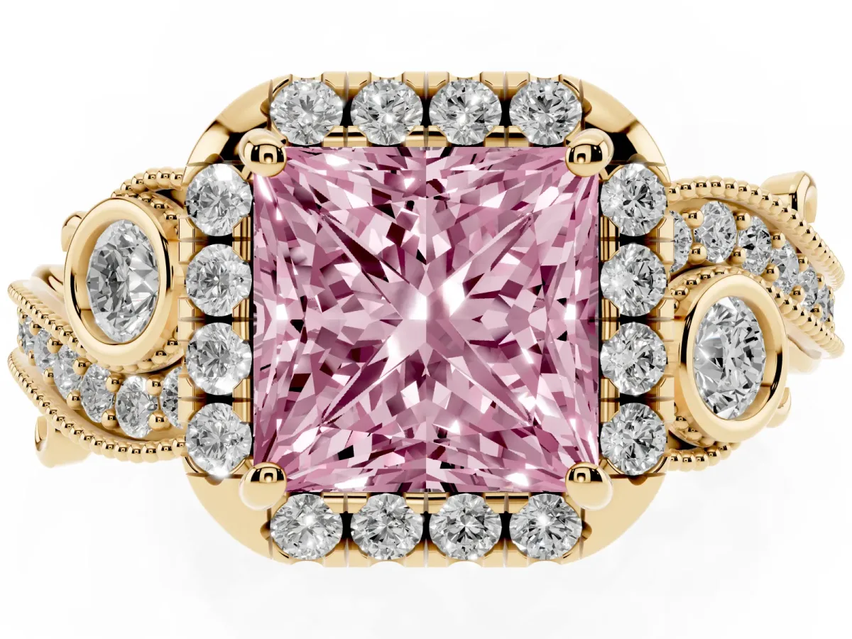 Fancy Pink Princess Cut Diamond Halo Ring with Milgrain Pavé Band and Four-Prong Setting Yellow gold