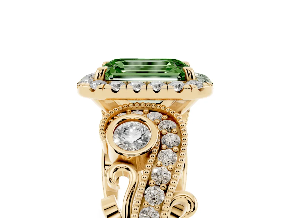 Fancy Green Emerald Cut Halo Diamond Ring with Milgrain and Bezel Accents on a Split Shank Band Yellow gold