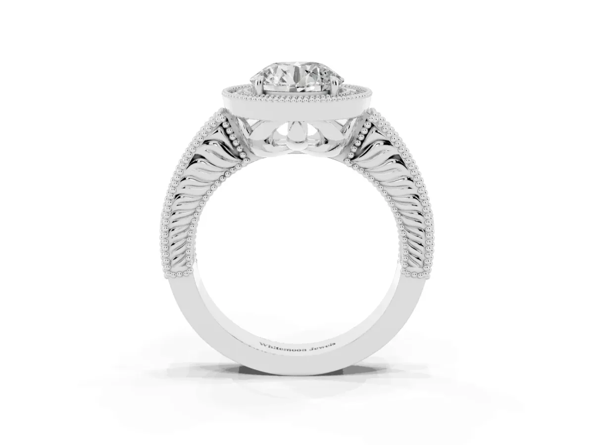 Round Cut Cut Halo Diamond Ring with Pavé Band and Four-Prong Setting Silver