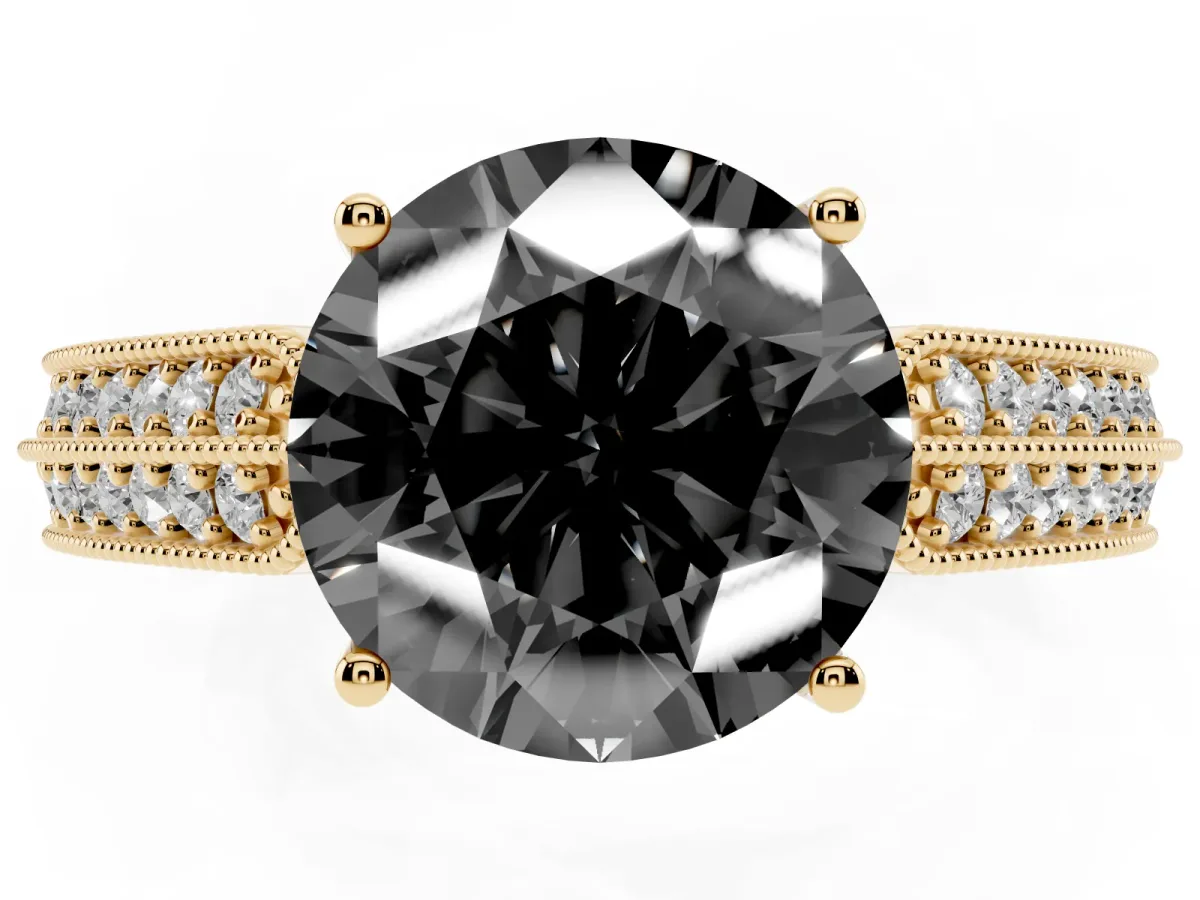 Fancy Black Round Cut Cut Pave Split Shank Engagement Ring with Four-Prong Setting Yellow gold