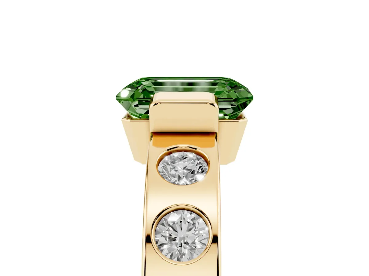 Fancy Green Emerald Cut Brilliant Channel-Set Diamond Ring with Bezel Prong Setting Yellow gold
