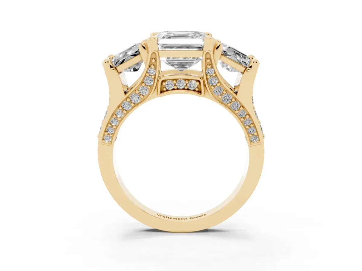 Asscher Cut Diamond Three-Stone Ring with Channel Set Band and Four-Prong Setting Yellow gold