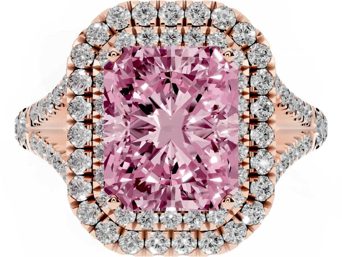 Fancy Pink Radiant Cut Cut Double Halo Split Shank Diamond Ring with Prong Setting Rose gold