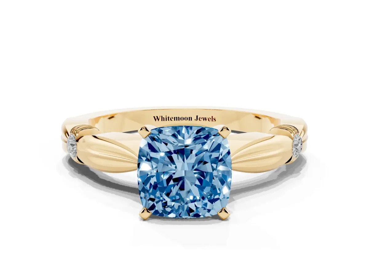 Fancy Blue Cushion Cut Solitaire Diamond Twisted Band with Four-Prong Setting Yellow gold