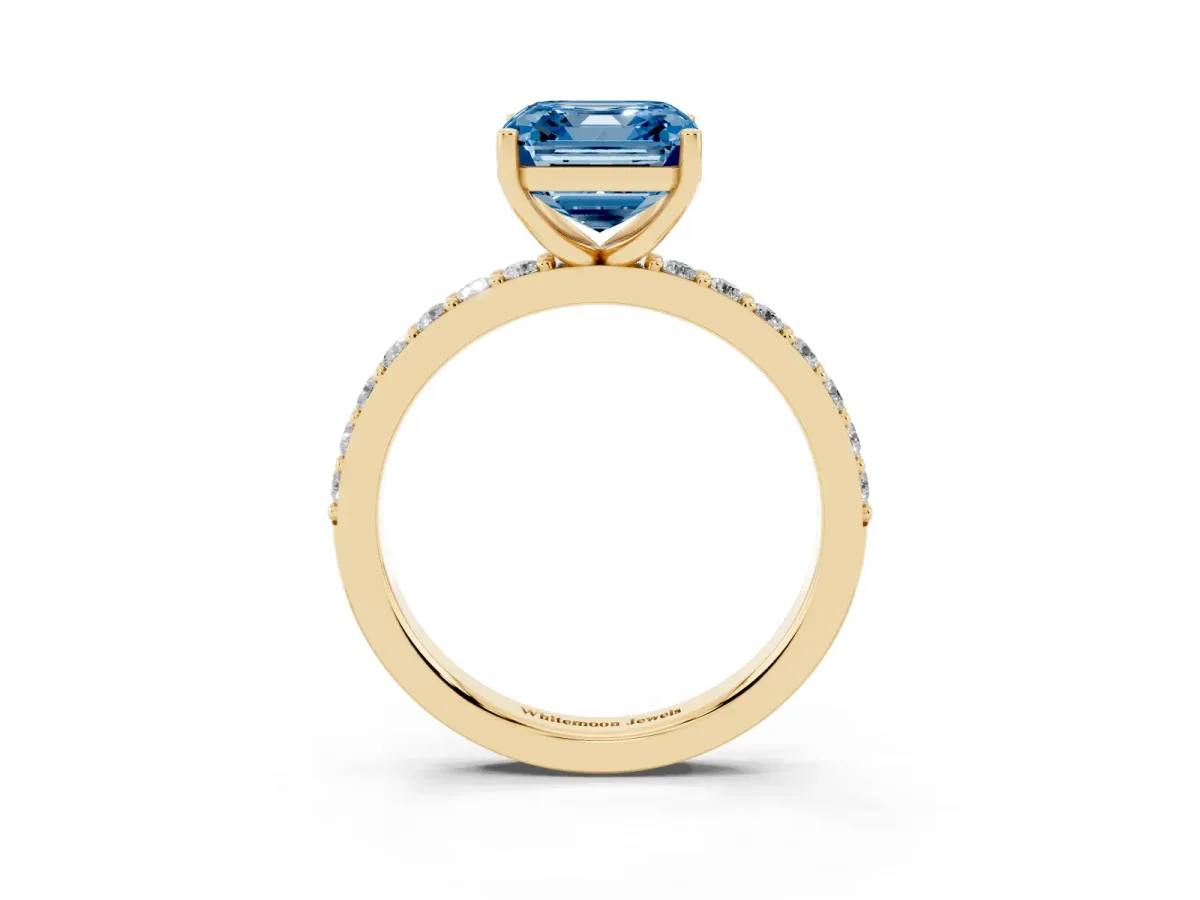 Fancy Blue Asscher Cut Cut Diamond Solitaire with Pave Band and Four-Prong Setting Yellow gold