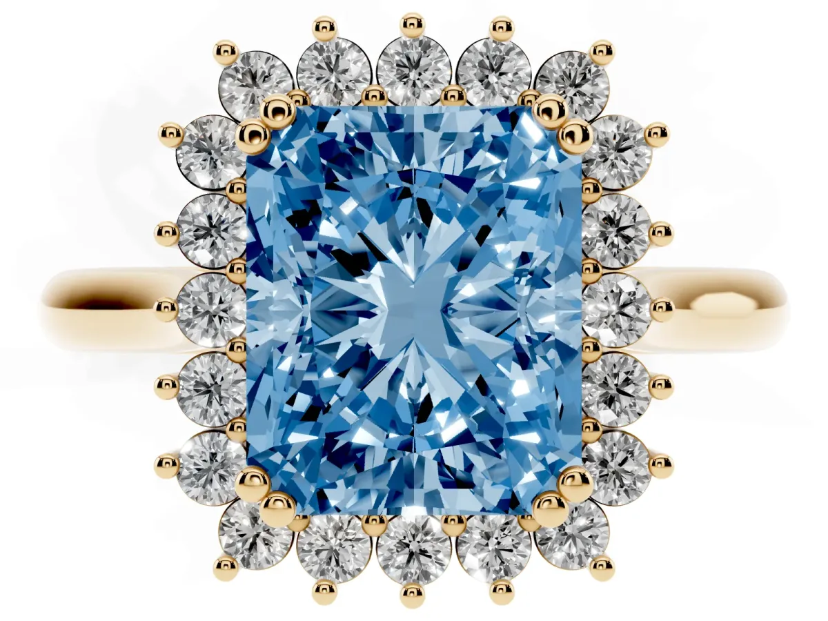 Fancy Blue Radiant Cut Cut Diamond Halo Ring with Solitaire Band and Prong Setting Yellow gold