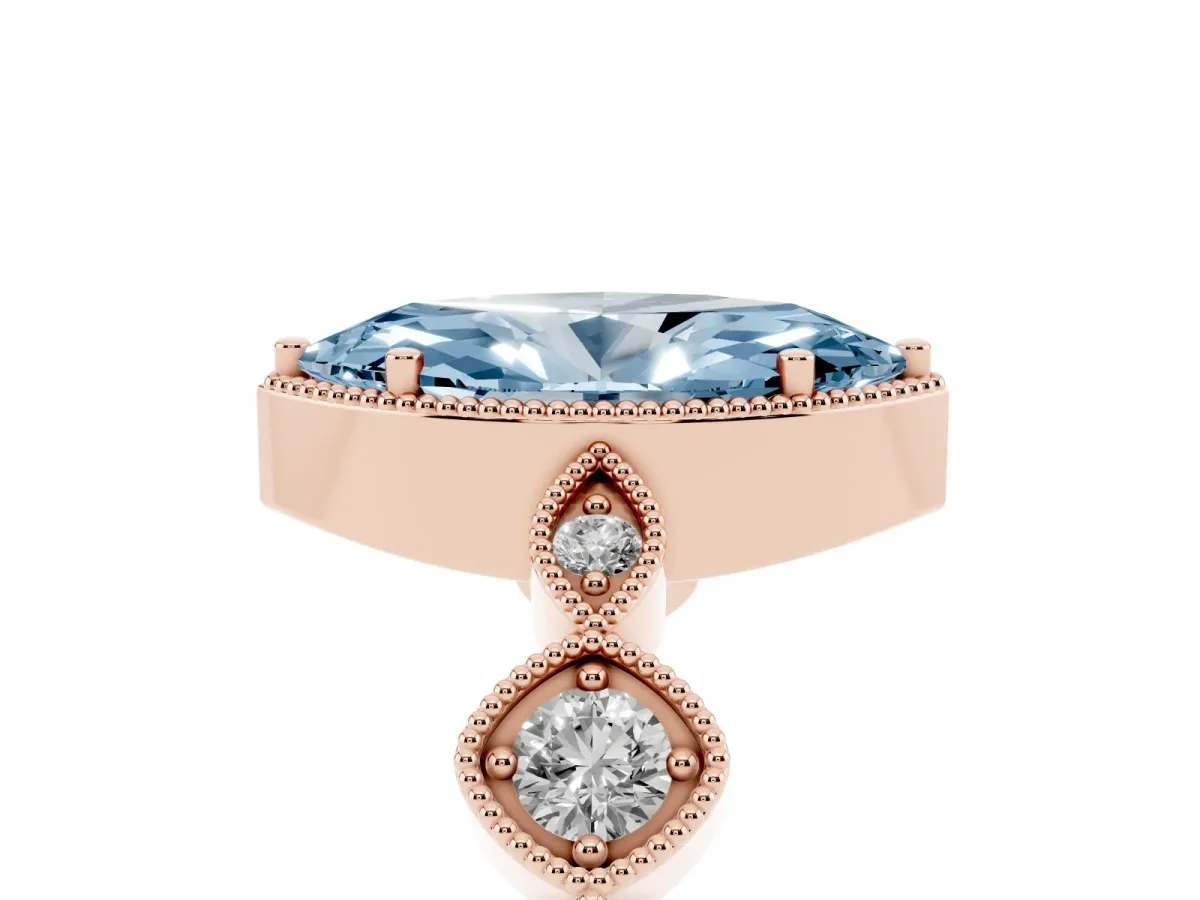 Fancy Blue Marquise Cut Diamond Vintage Milgrain Ring with Round Stations Rose gold