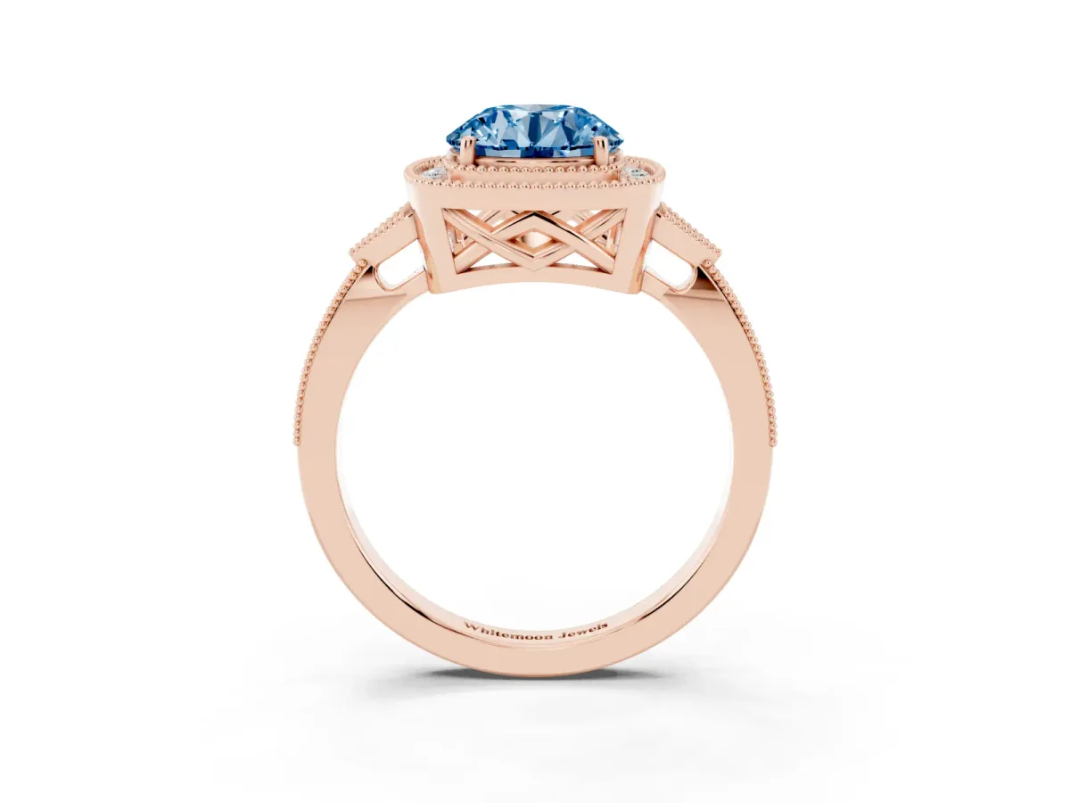 Fancy Blue Round Cut Halo Round Diamond Milgrain Pave Engagement Ring Rose gold