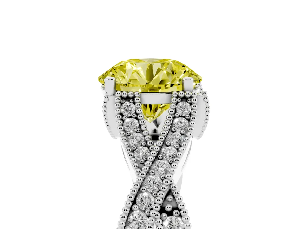 Fancy Yellow Round Cut Cut Diamond Twisted Band with Milgrain Pave Setting and Four-Prong Setting Silver