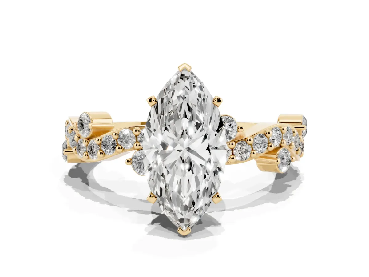 Marquise Cut Cut Solitaire Diamond Twisted Band with Pave Setting Yellow gold