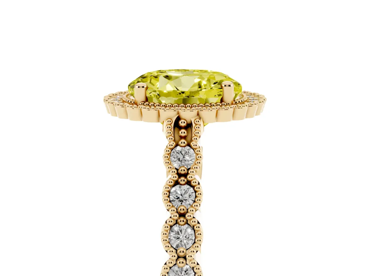 Fancy Yellow Round Cut Cut Halo Pavé Solitaire Ring with Milgrain Band Yellow gold