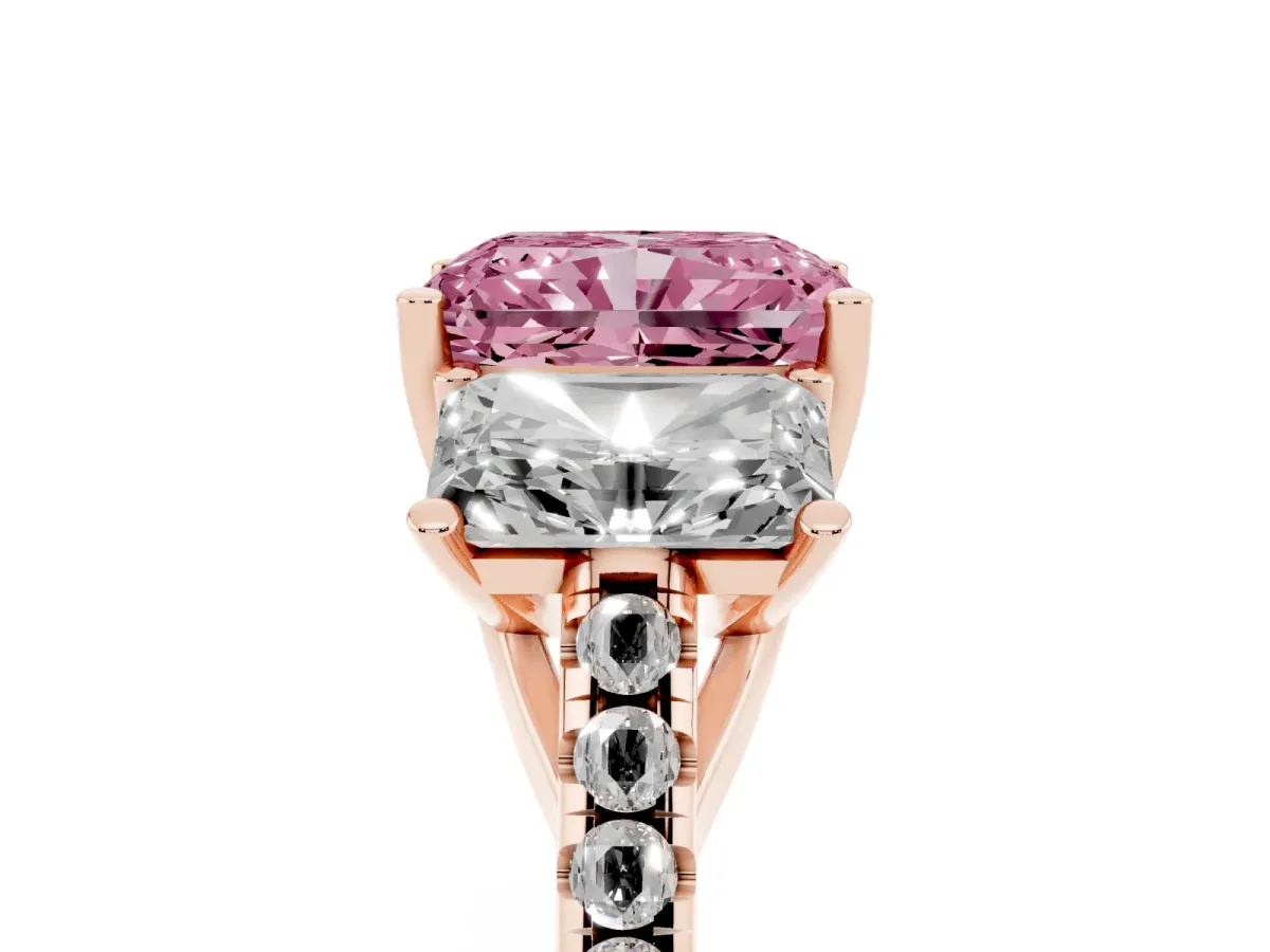 Fancy Pink Three-Stone Radiant Cut Diamond Ring with Round Pavé Band and Prong Setting Rose gold