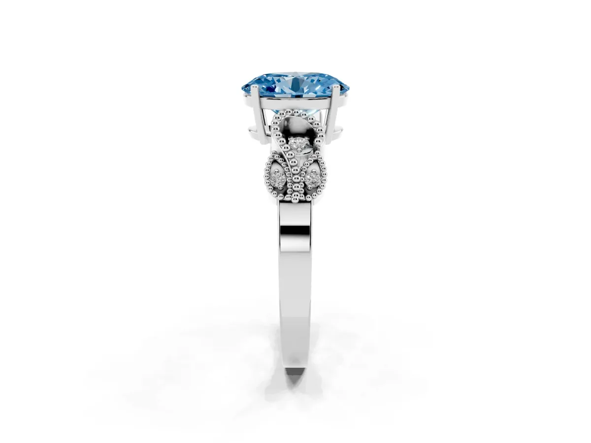 Fancy Blue Oval Cut Solitaire Milgrain Leaf Band with Prong Setting Silver