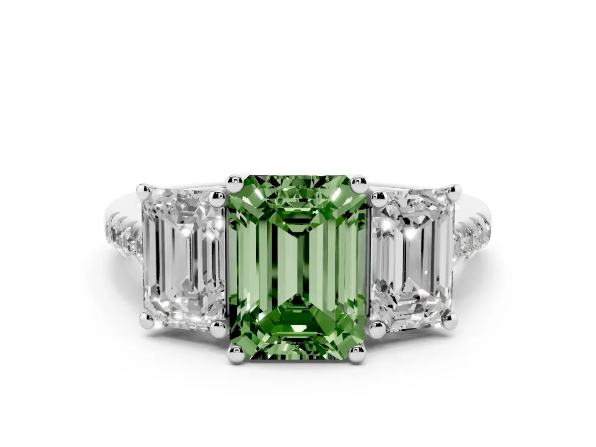 Fancy Green Three-Stone Emerald Cut Diamond Ring with Round Pavé Band and Prong Setting Silver