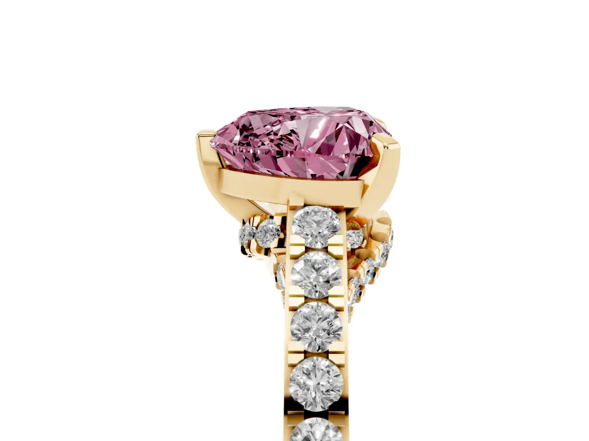 Fancy Pink Heart Cut Diamond Solitaire Ring with Crossover Gallery and Round Pavé Band Yellow gold