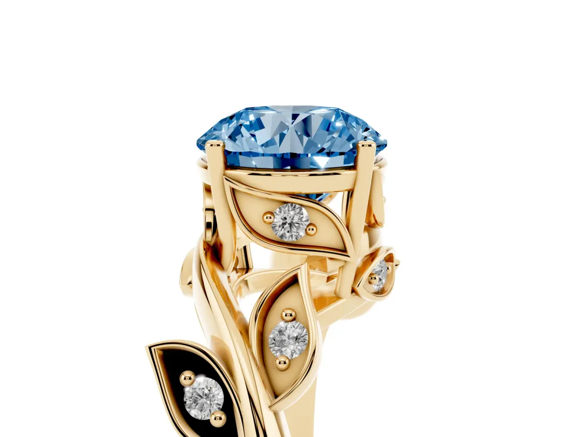 Fancy Blue Round Cut Solitaire Twist Engagement Ring with Leaf Accents and Prong Setting Yellow gold