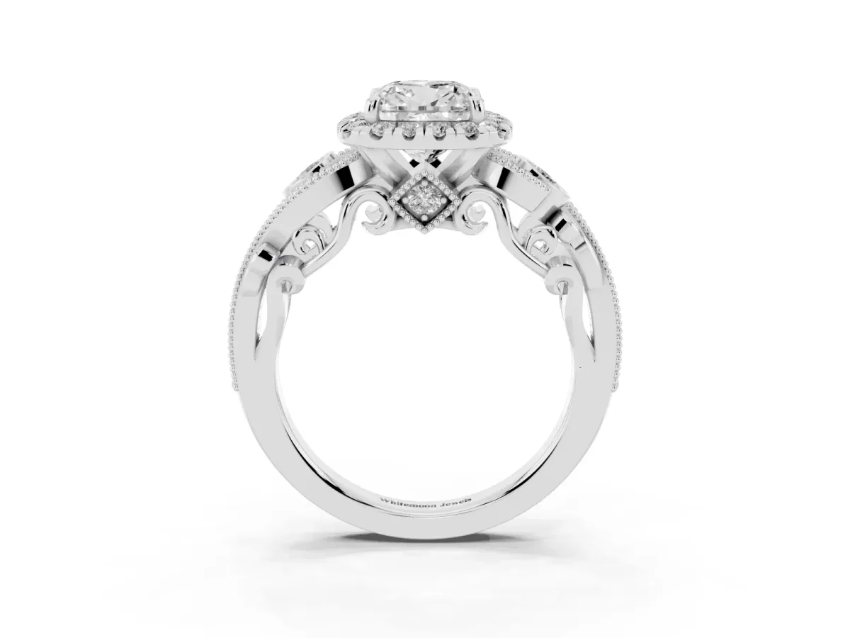 Cushion Cut Halo Diamond Ring with Milgrain and Bezel Accents on a Split Shank Band Platinum