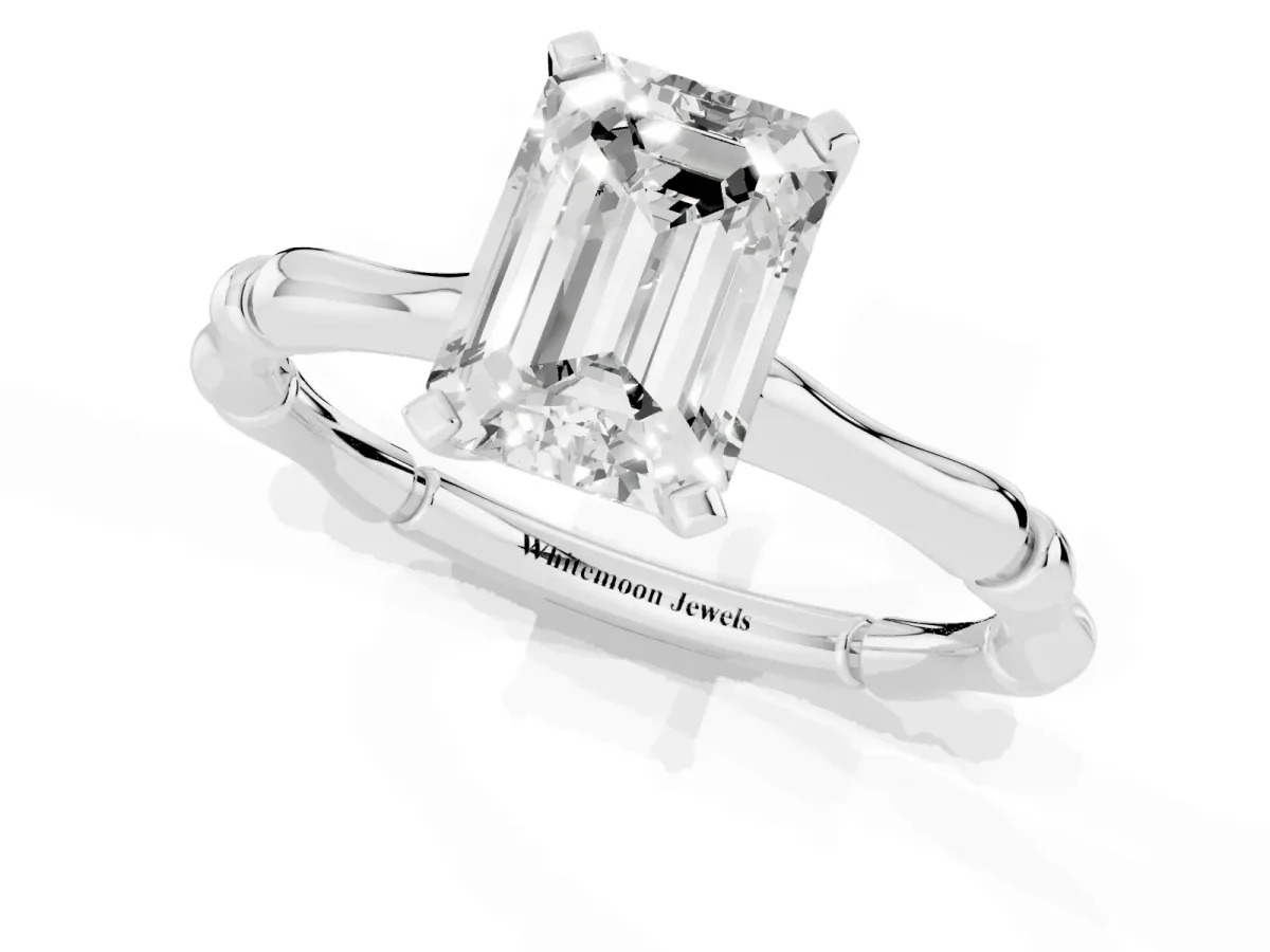 Emerald Cut Solitaire Diamond Ring with Bamboo Band and Four-Prong Setting Silver