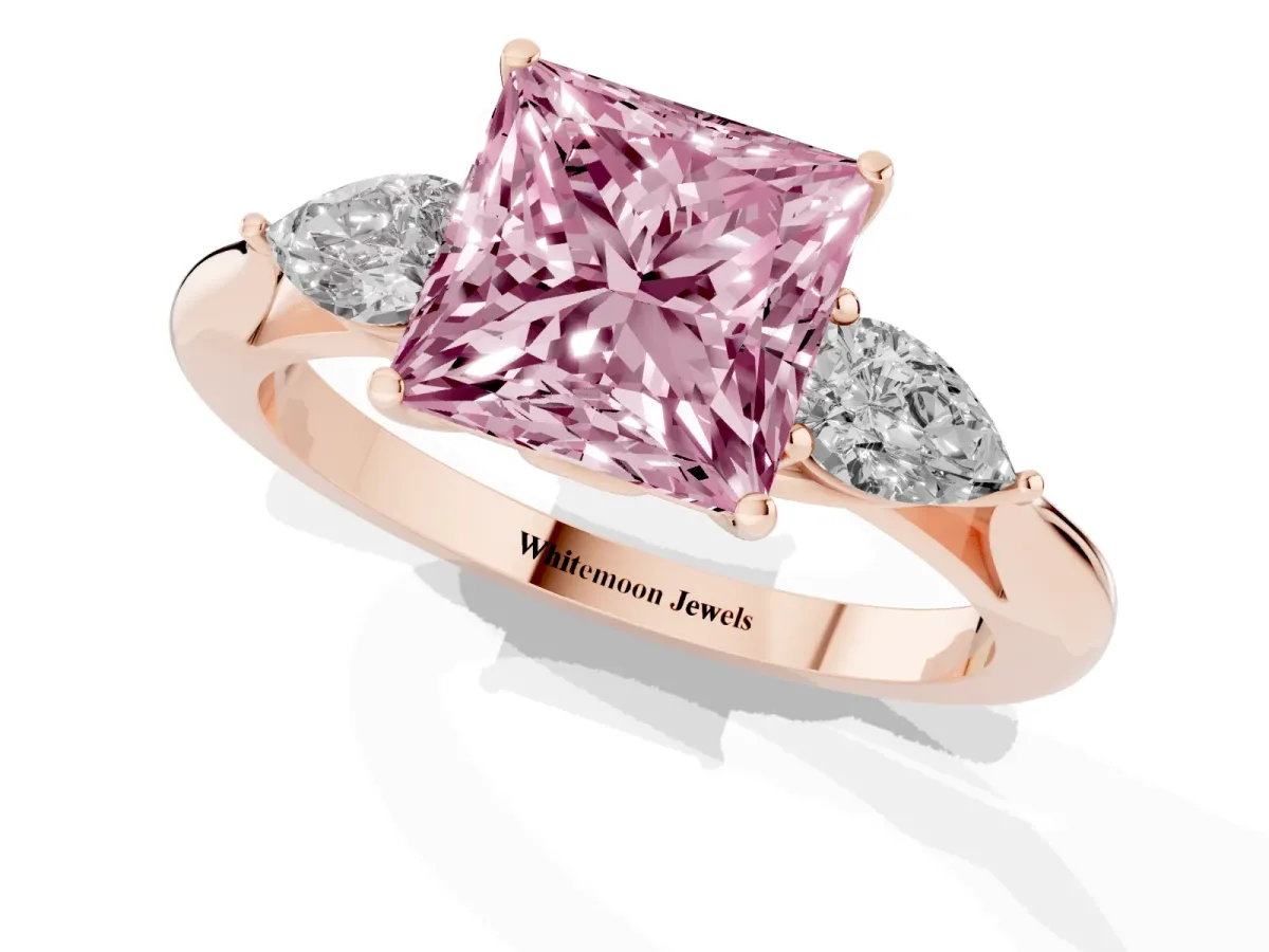 Fancy Pink Princess Cut Diamond Three-Stone Ring with Pear Side Stones and Prong Setting Rose gold