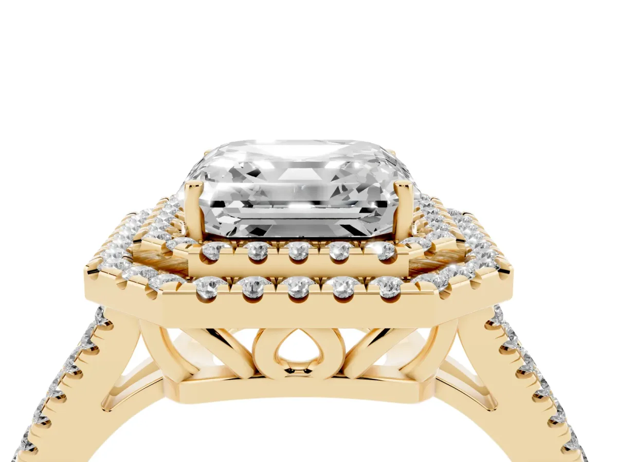 Asscher Cut Diamond Double Halo Ring with Pavé Band and Prong Setting Yellow gold