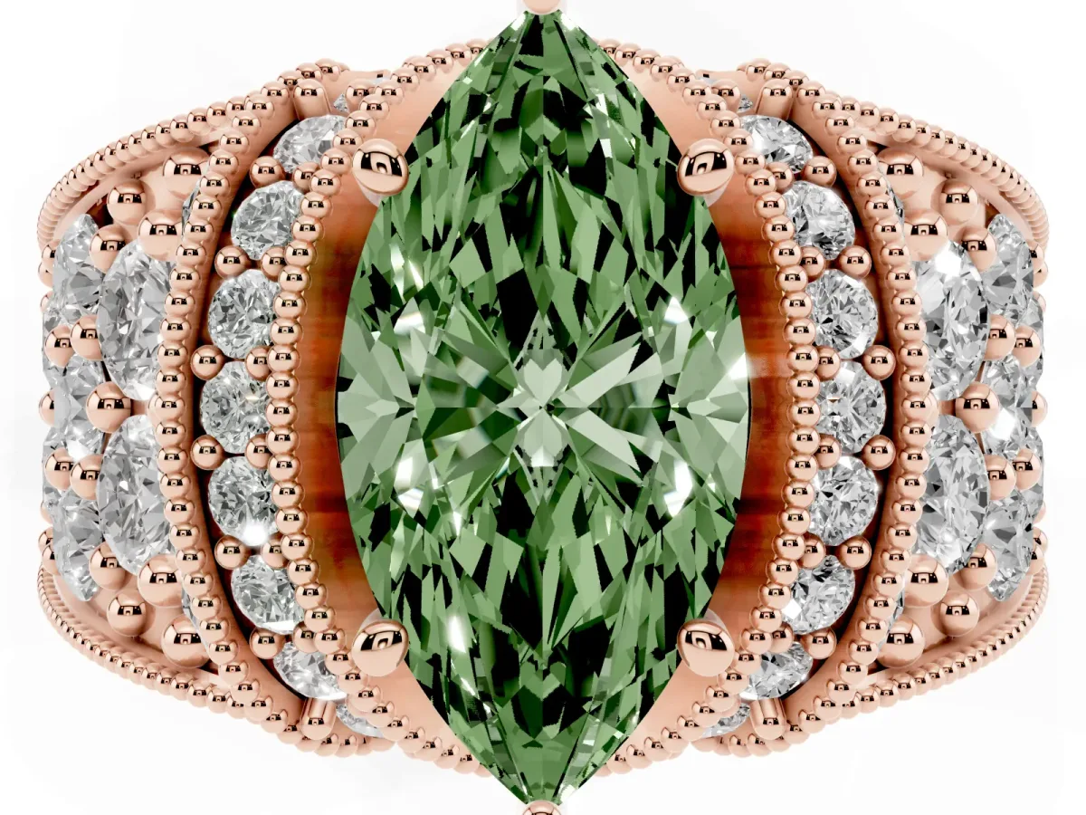 Fancy Green Marquise Cut Halo Pave Diamond Engagement Ring with Milgrain Detailing Rose gold