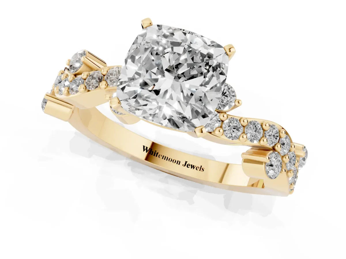 Cushion Cut Cut Solitaire Diamond Twisted Band with Pave Setting Yellow gold