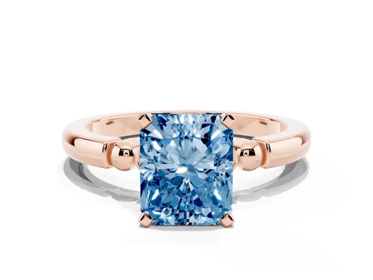 Fancy Blue Radiant Cut Solitaire Beaded Band with Four-Prong Setting Rose gold