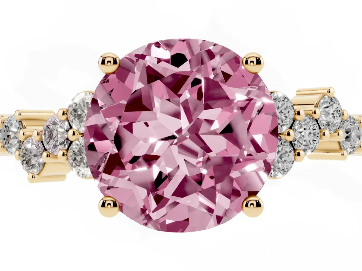 Fancy Pink Round Cut Diamond Scattered Round Accent Ring with Prong Setting Yellow gold